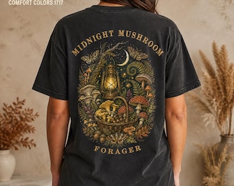 Midnight Mushroom Forager T-Shirt, Comfort Colors 1717 Halloween Dark Botanical Front and Back Print