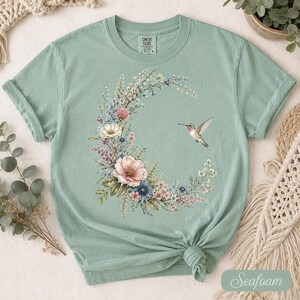 Comfort Colors Hummingbird Shirt, Floral Moon Cottagecore Tee, Botanical Bird T-Shirt, Nature Lover Gift image 10