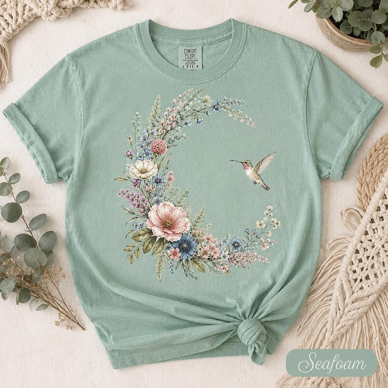 Comfort Colors Hummingbird Shirt, Floral Moon Cottagecore Tee, Botanical Bird T-Shirt, Nature Lover Gift image 10