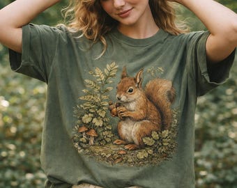 Squirrel Shirt Comfort Colors 1717, Cottagecore Acorn Tee, Woodland Animal Shirt, Forest Nature Aesthetic T-Shirt