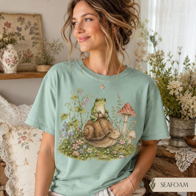 Frog Shirt Comfort Colors 1717, Cottagecore Frog Tee, Cute Snail Frog Shirt, Mushroom Nature Lover Gift, Fairycore Woodland Tee image 5