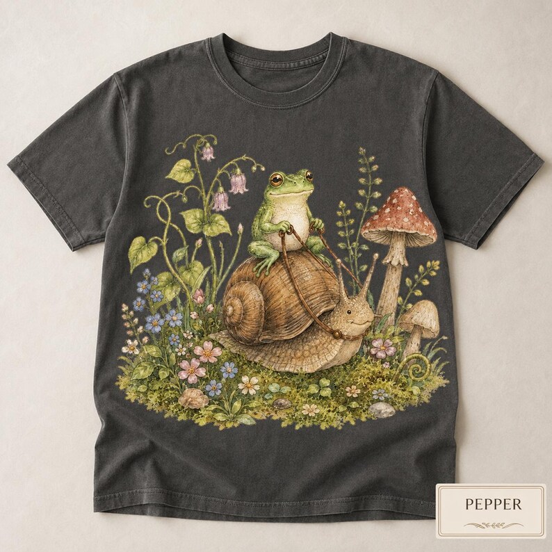 Frog Shirt Comfort Colors 1717, Cottagecore Frog Tee, Cute Snail Frog Shirt, Mushroom Nature Lover Gift, Fairycore Woodland Tee image 8