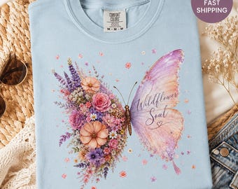 Comfort Colors Wildflower Soul Shirt, Floral Butterfly Tee, Cottagecore Flower T-Shirt, Boho Nature Lover Gift