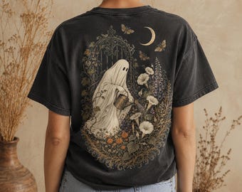 Ghost Wildflower Garden Comfort Colors T-Shirt,Botanical Halloween Front and Back Print