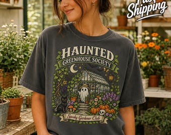 Haunted Greenhouse Comfort Colors Shirt, Spooky Gardener Ghost Botanical Tee