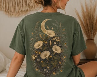 Comfort Colors Firefly Wildflower Shirt, Moonflower Night Meadow Tee, Lightning Bug Front and Back Print