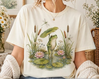 Frosch Shirt Comfort Farben 1717, Cottagecore Frosch T-Shirt, Süßes Seerosenblatt Frosch Shirt, Fairycore Natur Ästhetik T-Shirt, Teich Tier T-Shirt