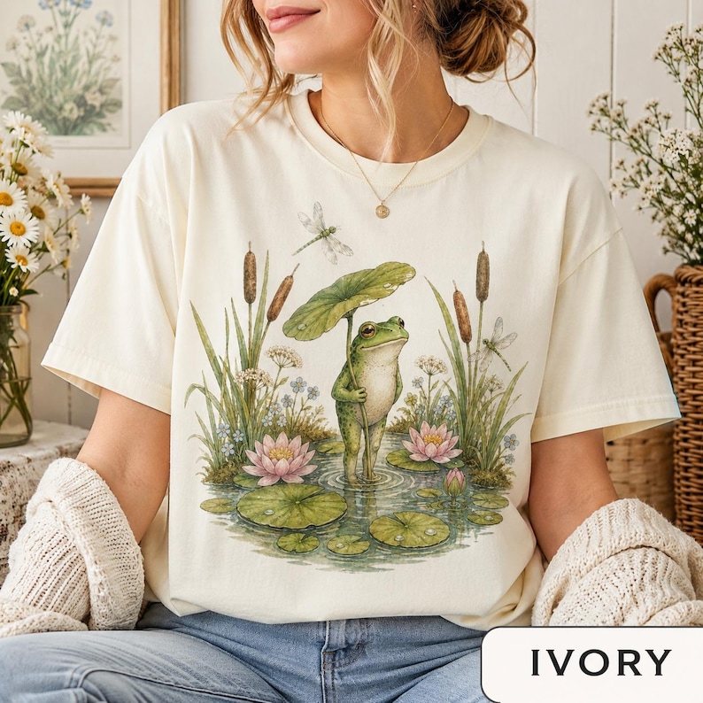 Woman wearing a Comfort Colors cottagecore frog shirt featuring a cute pond frog holding a lily pad umbrella with water lilies, dragonflies, and woodland nature details.