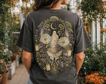 Comfort Colors Ghost Botanical Shirt, Haunted Garden Halloween Tee, Vintage Moth Back Print