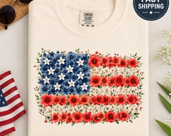 Maglietta Comfort Colors con bandiera americana e stampa floreale, maglietta per il 4 luglio, maglietta patriottica con fiori, maglietta con bandiera USA, regalo per lei