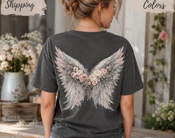 Comfort Colors Angel Wings Shirt, Floral Wings Back Print Tee, Cottagecore Rose Graphic, Gift for Her
