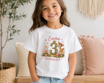 Camiseta personalizada para niña de 3er cumpleaños, camiseta con nombre personalizado y ciervo, camiseta de cumpleaños con estampado floral del bosque, camiseta juvenil Comfort Colors 9018