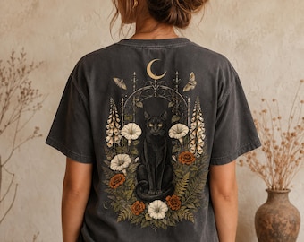Black Cat Botanical Shirt, Gothic Halloween Comfort Colors 1717 Tee, Witchy Cat Lover Gift