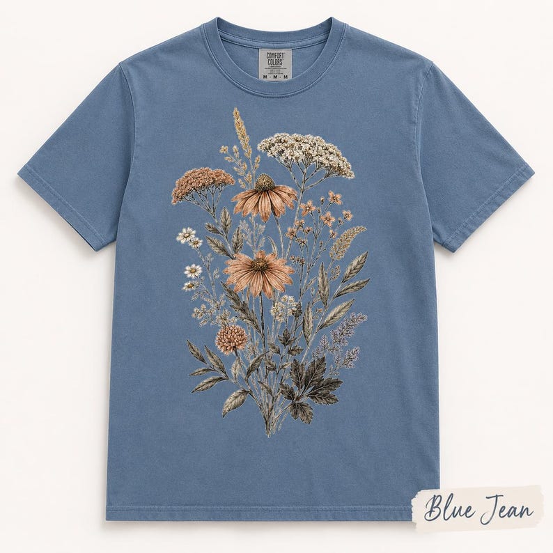 Camiseta Comfort Colors con estampado de flores prensadas, camiseta vintage botánica floral, camiseta cottagecore con estampado de flores silvestres, regalo para jardineros. imagen 6