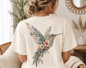 Comfort Colors Hummingbird Back Print Shirt, Floral Bird Tee, Cottagecore Pressed Flower T-Shirt, Boho Nature Shirt