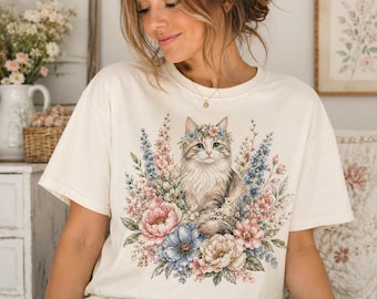 Maglietta Comfort Colors con gatto, maglietta con gatto floreale, maglietta Cottagecore con gatto, maglietta con gattino botanico, regalo per amanti dei gatti