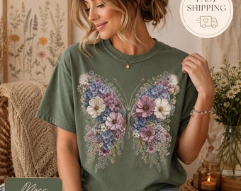 Comfort Colors Floral Butterfly Shirt, Butterfly T-Shirt, Cottagecore Pressed Flower Tee, Boho Nature Shirt, Gift for Her