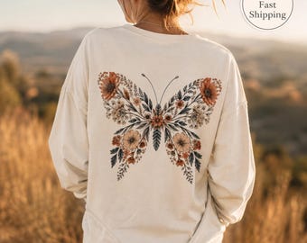 Comfort Colors Floral Butterfly Long Sleeve Shirt, Botanical Cottagecore Back Print