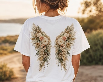 Maglietta Comfort Colors con ali d'angelo, maglietta con stampa floreale di ali d'angelo sul retro, t-shirt botanica in stile cottagecore, regalo commemorativo