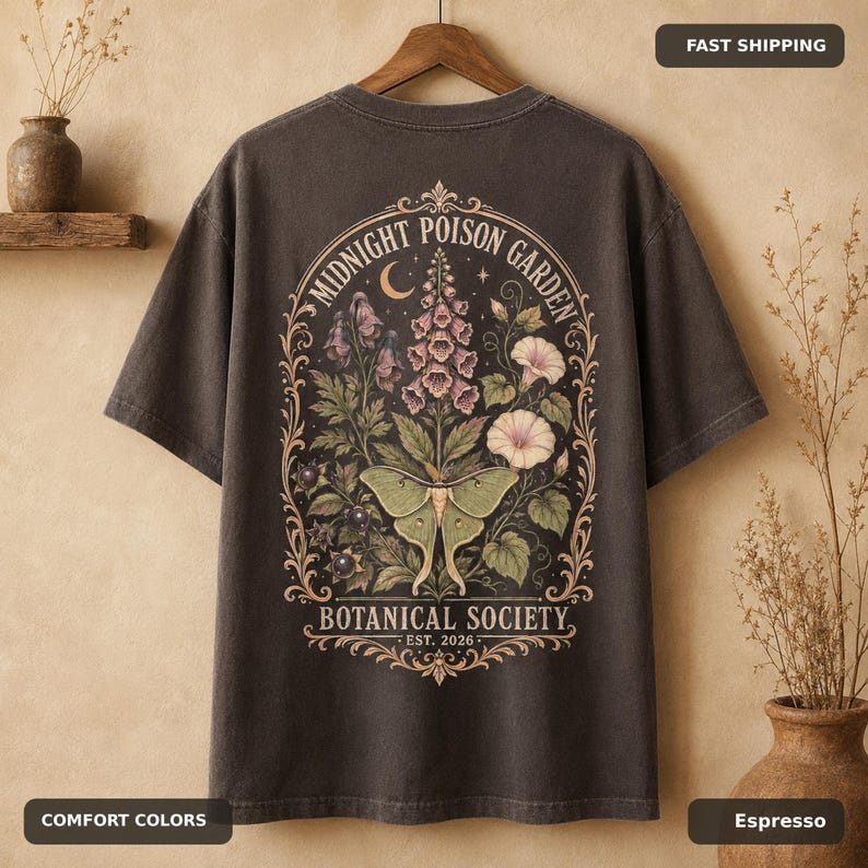 Halloween Botanical Comfort Colors Shirt, Poison Garden Moth Front and Back Print image 6