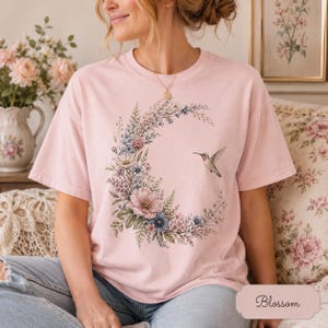 Comfort Colors Hummingbird Shirt, Floral Moon Cottagecore Tee, Botanical Bird T-Shirt, Nature Lover Gift image 11