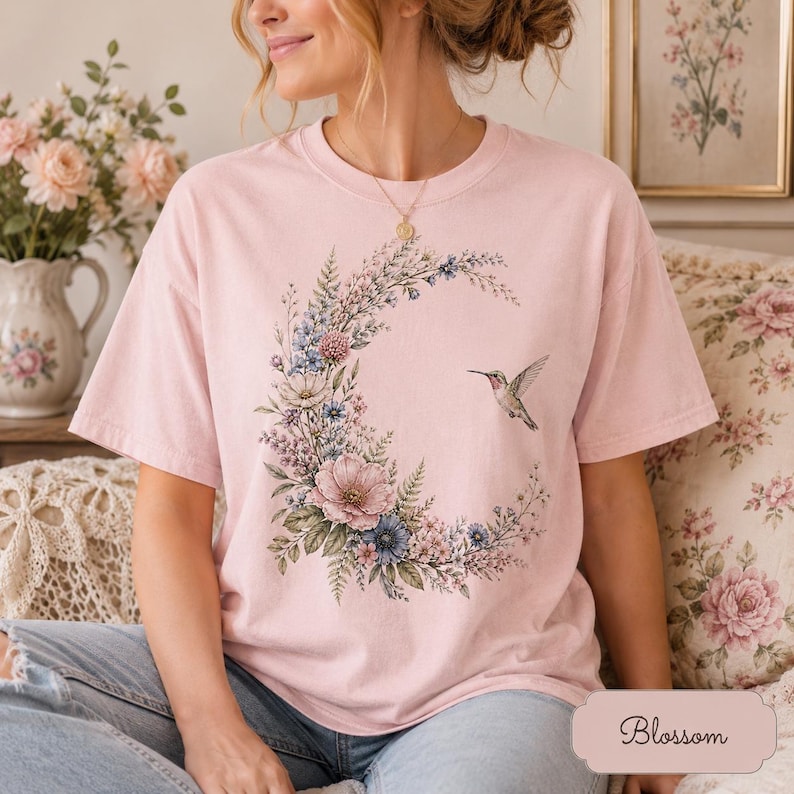 Comfort Colors Hummingbird Shirt, Floral Moon Cottagecore Tee, Botanical Bird T-Shirt, Nature Lover Gift image 11