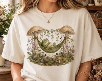 Cottagecore Frosch Shirt, Komfort Farben Pilz Frosch T-Shirt, Süßes Frosch Hängematte T-Shirt, Fairycore Waldland Natur Shirt