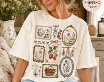 Comfort Colors Cottagecore Goose Shirt, Strawberry Tea Party Tee, Vintage Farmcore Coquette Graphic T-Shirt, Soft Girl Gift