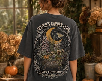 Comfort Colors Witchs Garden Club Shirt, Botanical Halloween Back Print Tee, Gardener Gift
