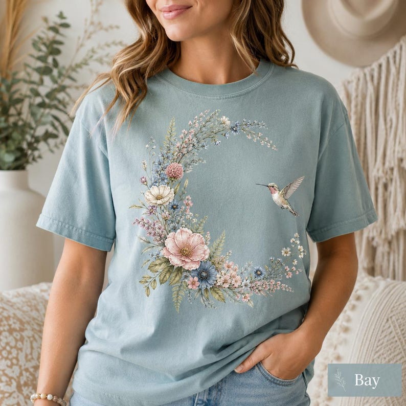 Comfort Colors Hummingbird Shirt, Floral Moon Cottagecore Tee, Botanical Bird T-Shirt, Nature Lover Gift image 9