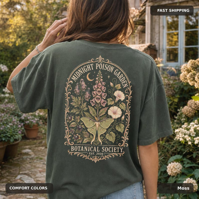 Halloween Botanical Comfort Colors Shirt, Poison Garden Moth Front and Back Print image 7
