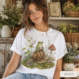 Frog Shirt Comfort Colors 1717, Cottagecore Frog Tee, Cute Snail Frog Shirt, Mushroom Nature Lover Gift, Fairycore Woodland Tee image 4