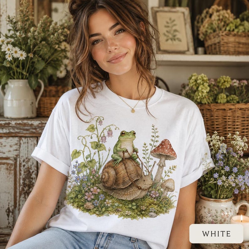 Frog Shirt Comfort Colors 1717, Cottagecore Frog Tee, Cute Snail Frog Shirt, Mushroom Nature Lover Gift, Fairycore Woodland Tee image 4