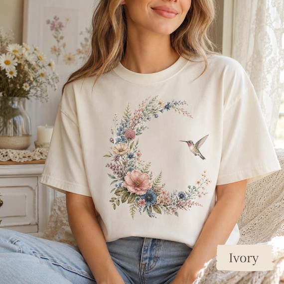 Comfort Colors Hummingbird Shirt, Floral Moon Cottagecore Tee, Botanical Bird T-Shirt, Nature Lover Gift