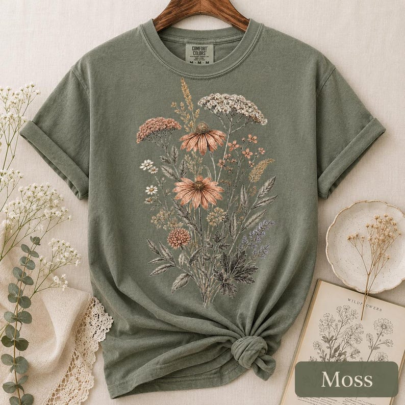 Camiseta Comfort Colors con estampado de flores prensadas, camiseta vintage botánica floral, camiseta cottagecore con estampado de flores silvestres, regalo para jardineros. imagen 7