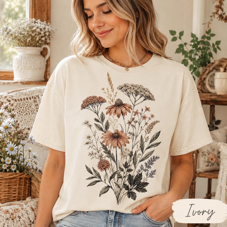 Camiseta Comfort Colors con estampado de flores prensadas, camiseta vintage botánica floral, camiseta cottagecore con estampado de flores silvestres, regalo para jardineros. imagen 3