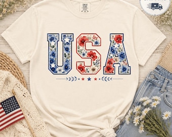 Maglietta Comfort Colors Floral USA, maglietta per il 4 luglio, maglietta patriottica con fiori, maglietta floreale patriottica, maglietta USA
