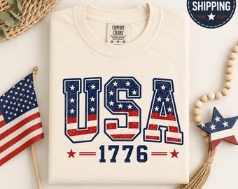 Maglietta Comfort Colors USA 1776, maglietta con bandiera americana, maglietta per il 4 luglio, maglietta patriottica USA, maglietta per il Giorno dell'Indipendenza