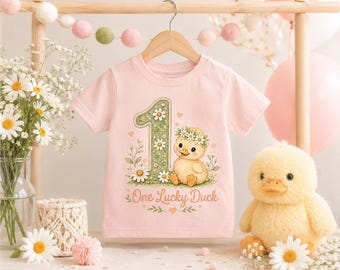 Personalized One Lucky Duck First Birthday Shirt, Bella Canvas 3001T Toddler Tee, Custom Name Duck 1st Birthday Outfit Girl