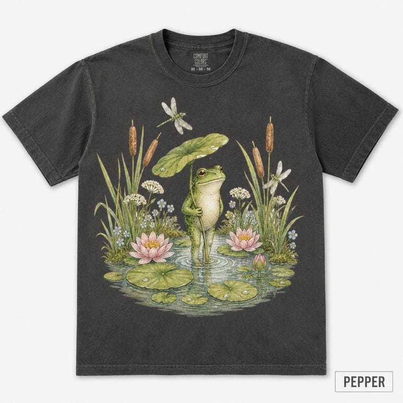 Frosch Shirt Comfort Farben 1717, Cottagecore Frosch T-Shirt, Süßes Seerosenblatt Frosch Shirt, Fairycore Natur Ästhetik T-Shirt, Teich Tier T-Shirt Bild 7