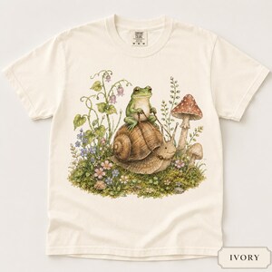 Frog Shirt Comfort Colors 1717, Cottagecore Frog Tee, Cute Snail Frog Shirt, Mushroom Nature Lover Gift, Fairycore Woodland Tee image 3