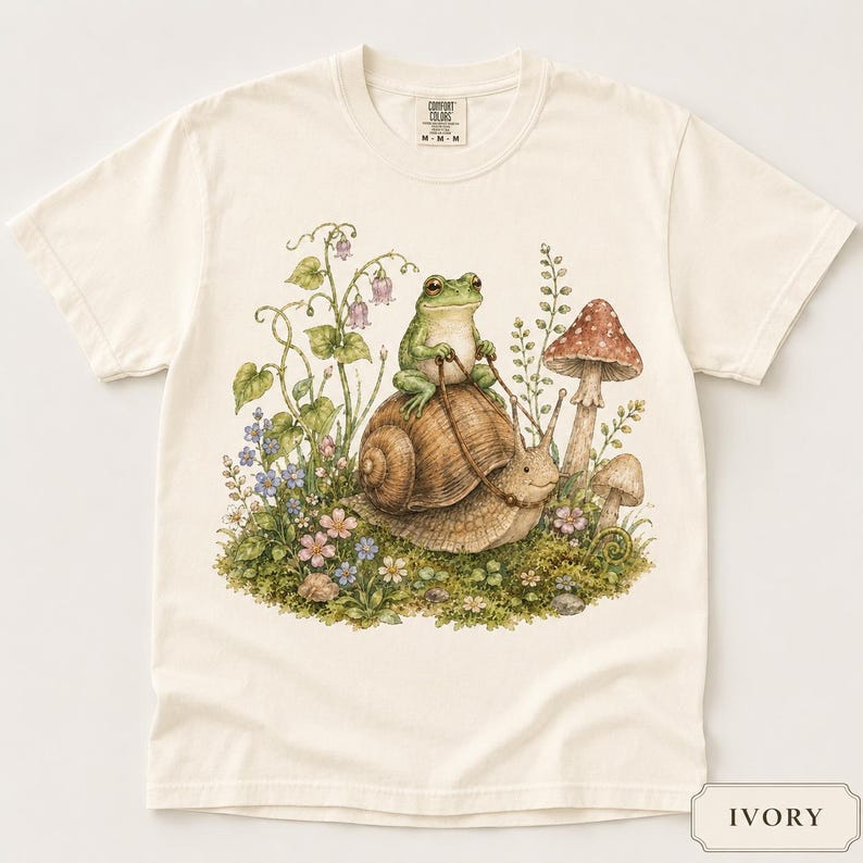 Frog Shirt Comfort Colors 1717, Cottagecore Frog Tee, Cute Snail Frog Shirt, Mushroom Nature Lover Gift, Fairycore Woodland Tee image 3
