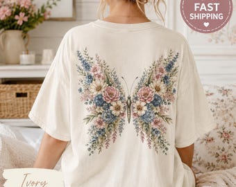 Maglietta Comfort Colors con stampa floreale e farfalle, maglietta con stampa posteriore di farfalle e fiori selvatici, maglietta cottagecore, maglietta boho con fiori
