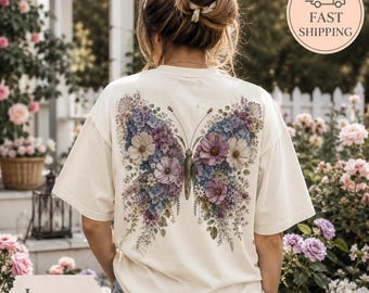 Comfort Colors Butterfly Back Print Shirt, Floral Butterfly Tee, Cottagecore Pressed Flower Shirt, Boho Nature Tee