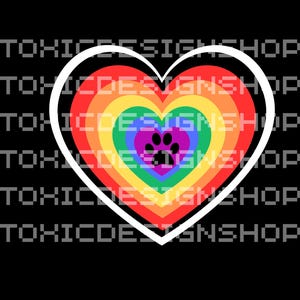 May include: A rainbow heart with a paw print in the center. The heart is outlined in white.