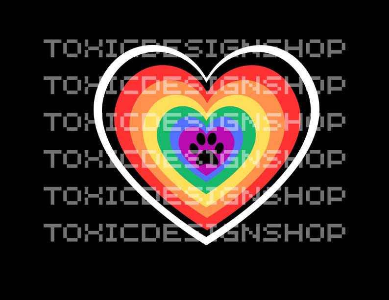 May include: A rainbow heart with a paw print in the center. The heart is outlined in white.