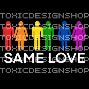 May include: A graphic design with six stick figures in a row, each a different color of the rainbow. The figures are all facing forward and have the text "SAME LOVE" below them.