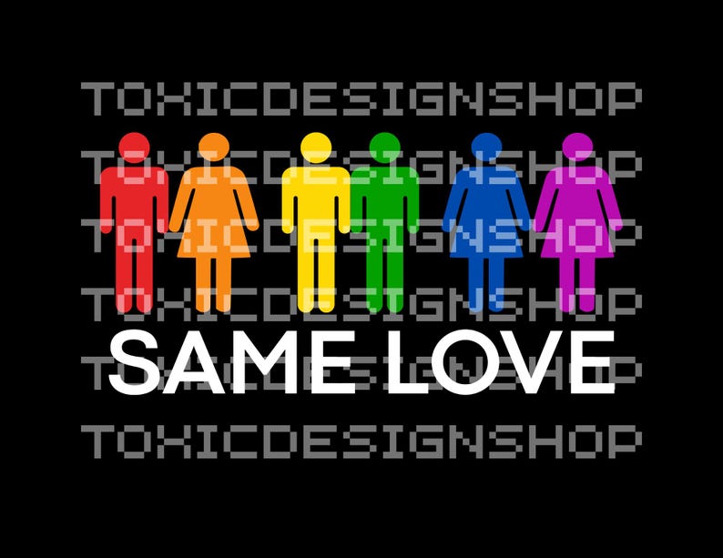 May include: A graphic design with six stick figures in a row, each a different color of the rainbow. The figures are all facing forward and have the text "SAME LOVE" below them.