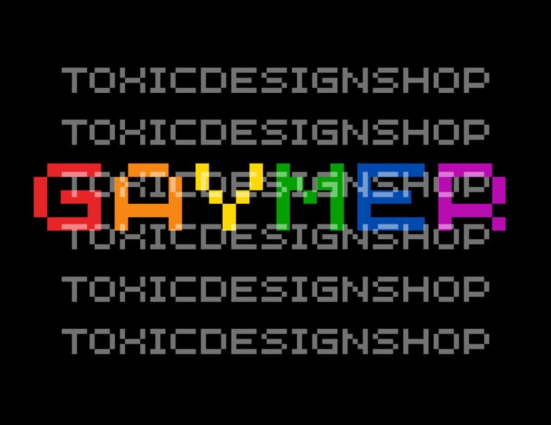 May include: A pixelated rainbow-colored word "GAYMER" on a black background. The word is made up of individual pixel blocks in red, orange, yellow, green, blue, and purple.