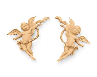 Ángeles Decorativos Tallados en Madera set de 2 Piezas 16.5 cm.X 14 cm.-Modelo Doblable - Flexible - Decoración Madera - Molduras Muebles Madera